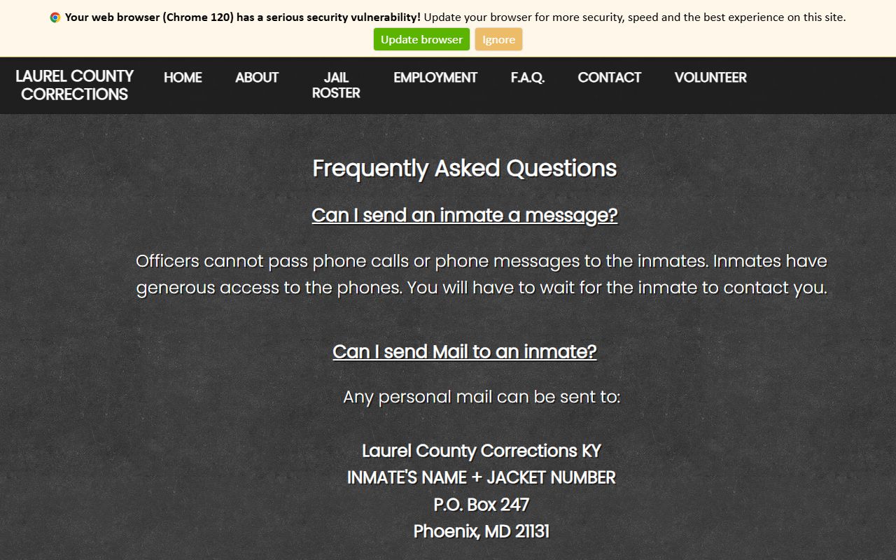 Laurel County Correctional Center FAQ for inmate mail money calls and property