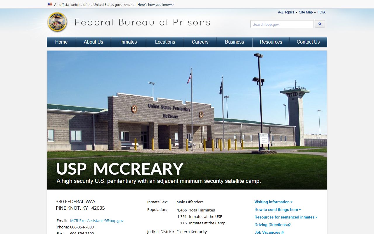 United States Penitentiary McCreary federal inmate lookup facility page